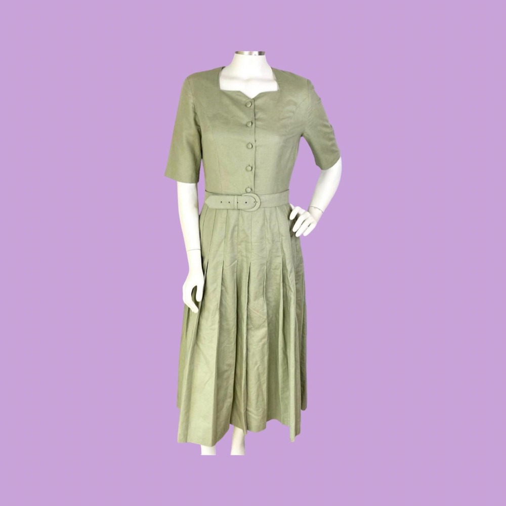 Vintage Laura Ashley Sage Green Linen Blend Pleated Midi Dress Size 10